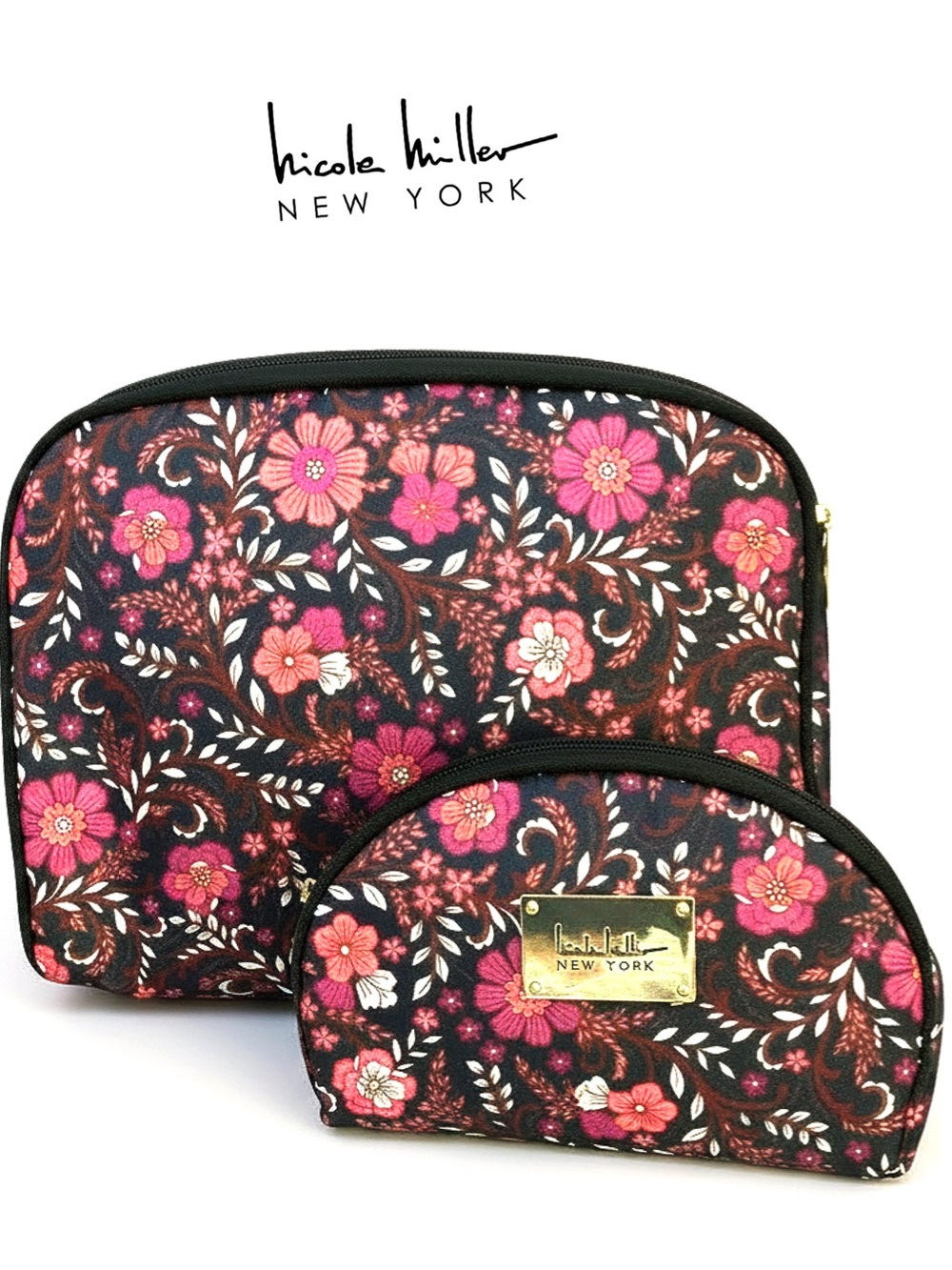Floral Cosmetic Bag (2) Set - Pink and Black NWOT